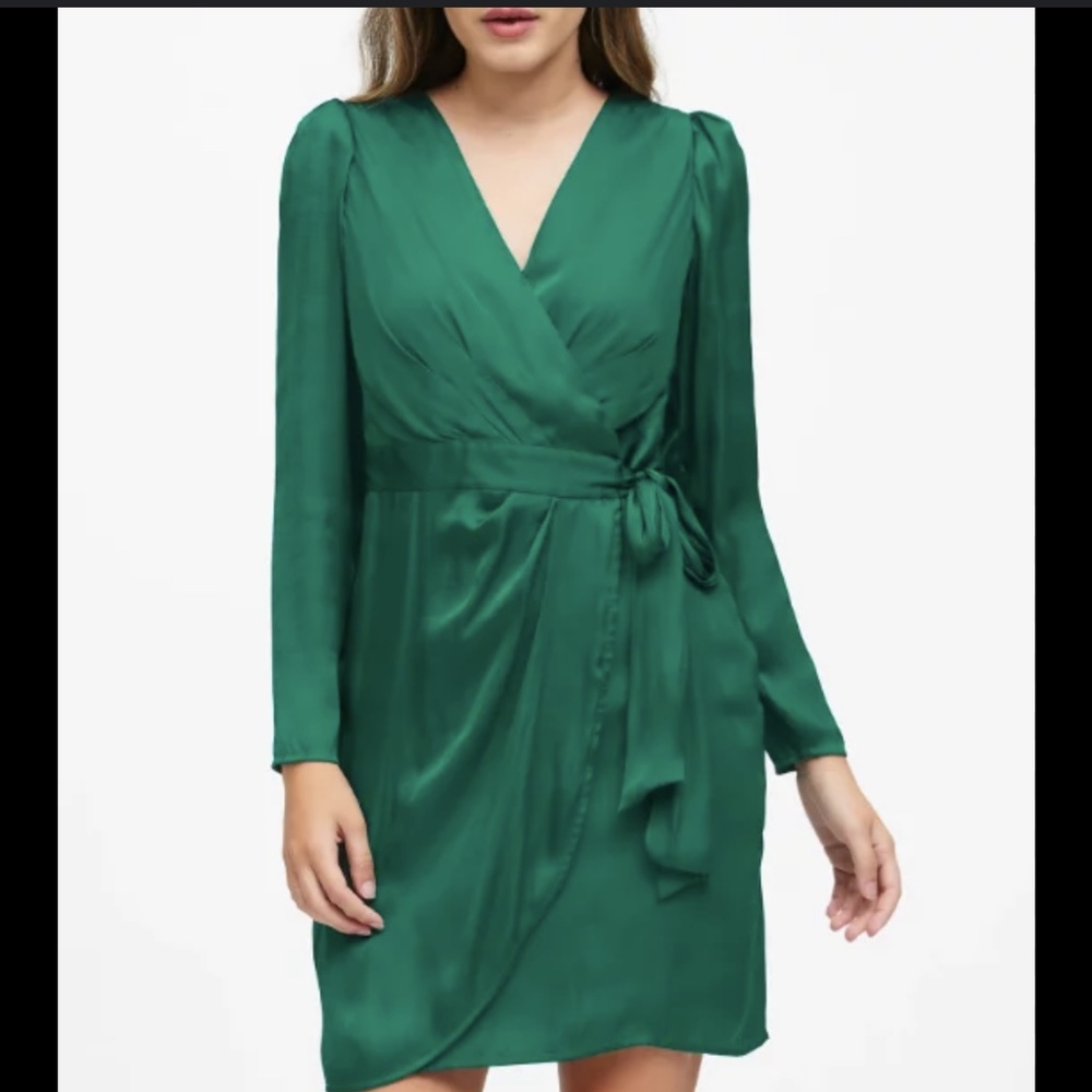Banana Republic Green Satin Holiday Party Dress Knee Length Mini Long Sleeve 0
